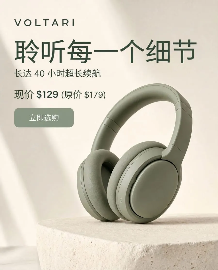 The same banner in Simplified Chinese, with the VOLTARI name and the $129 and $179 prices unchanged