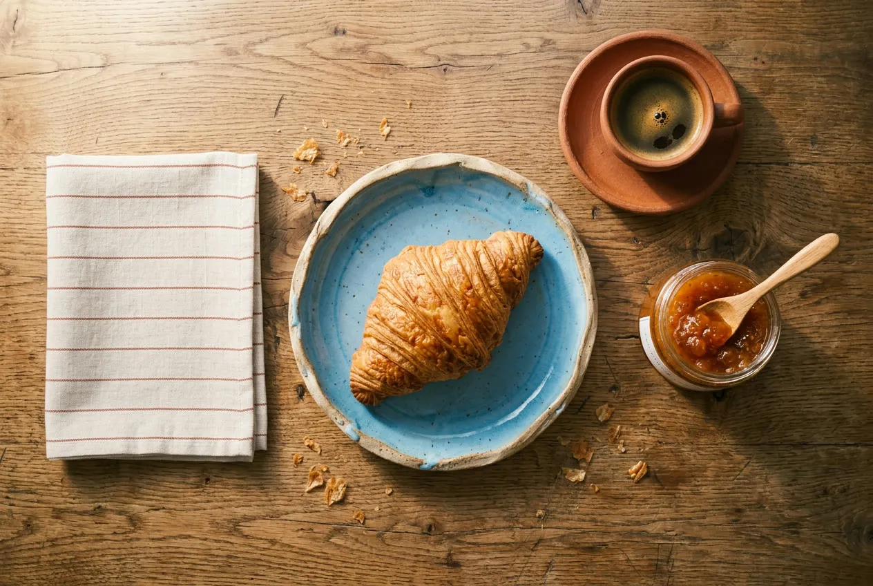 A breakfast table seen from directly above: the blue plate with the croissant on it, the jar of jam beside it, the terracotta espresso cup at the top right and the striped napkin at the left, on the oak table in morning light