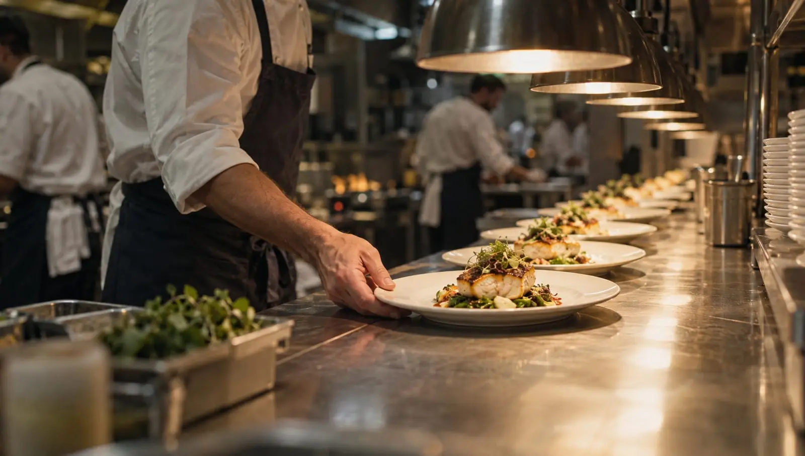A chef sets the last plate of seared fish on a steel kitchen pass, where a row of identical plates waits under heat lamps.