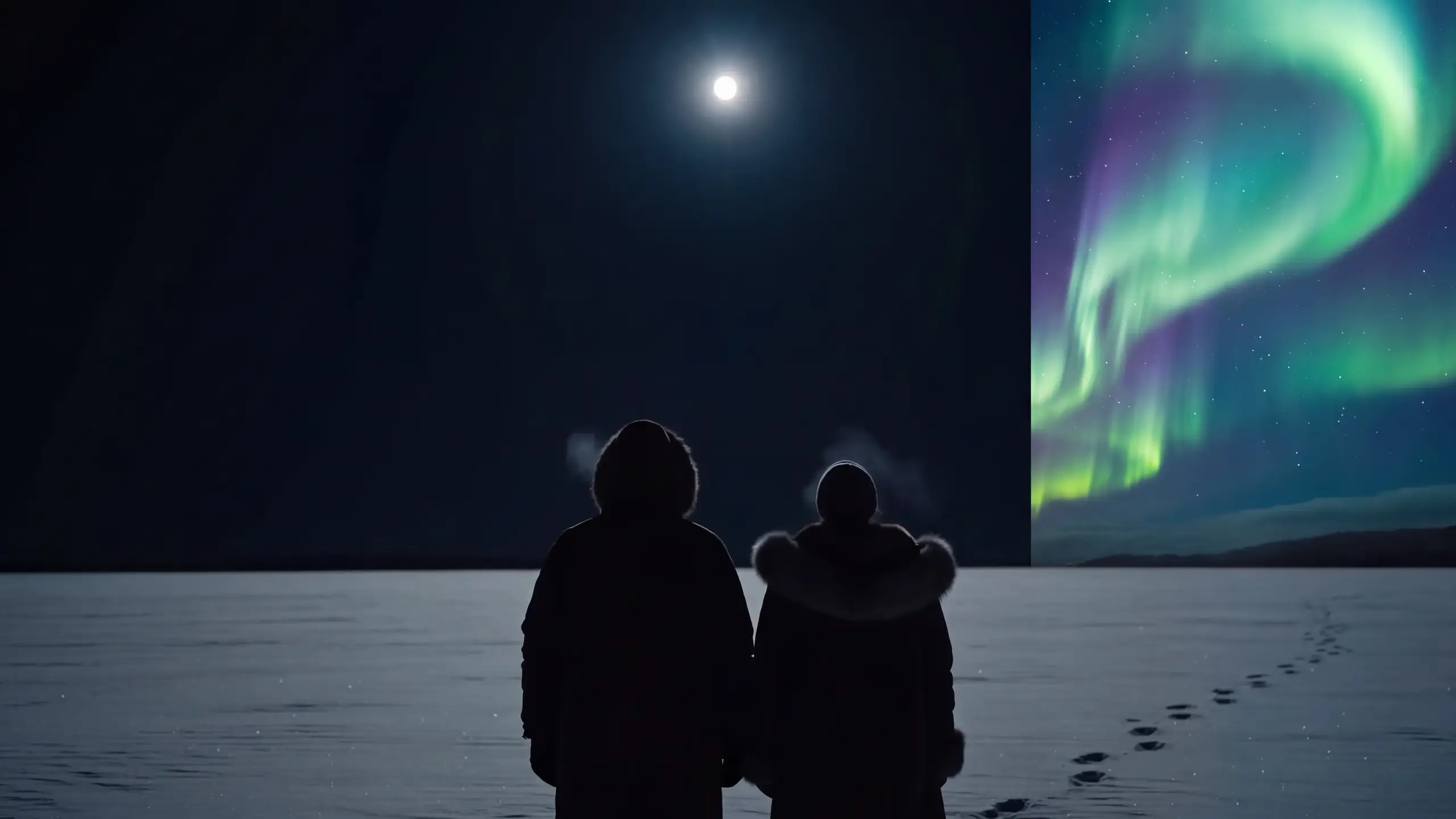 Two figures in winter coats stand on a frozen lake at night under the moon, and past a sharp vertical line the same sky glows green and violet with an aurora.