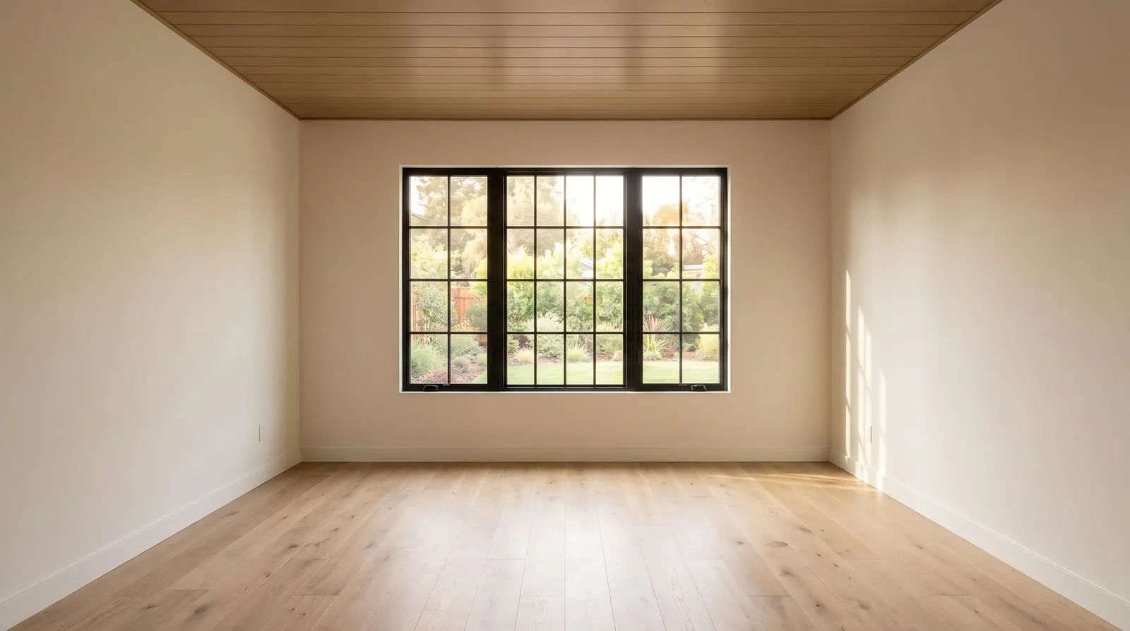 An empty room with white oak floors, warm white walls, a wood-paneled ceiling and a black-framed window onto a garden