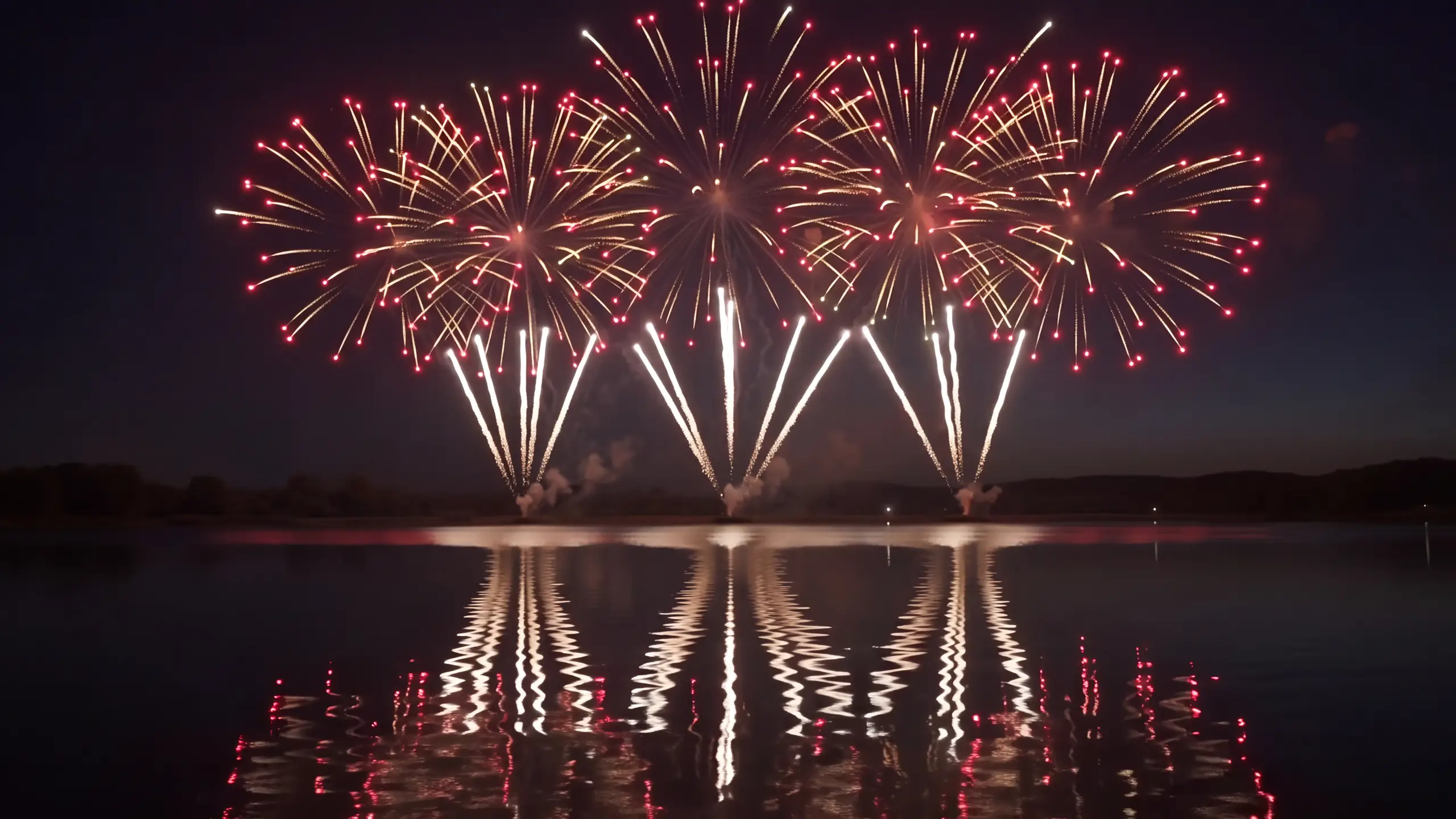 Gold and red fireworks burst over a calm lake at night, their streaks reflected in the dark water below the shoreline.