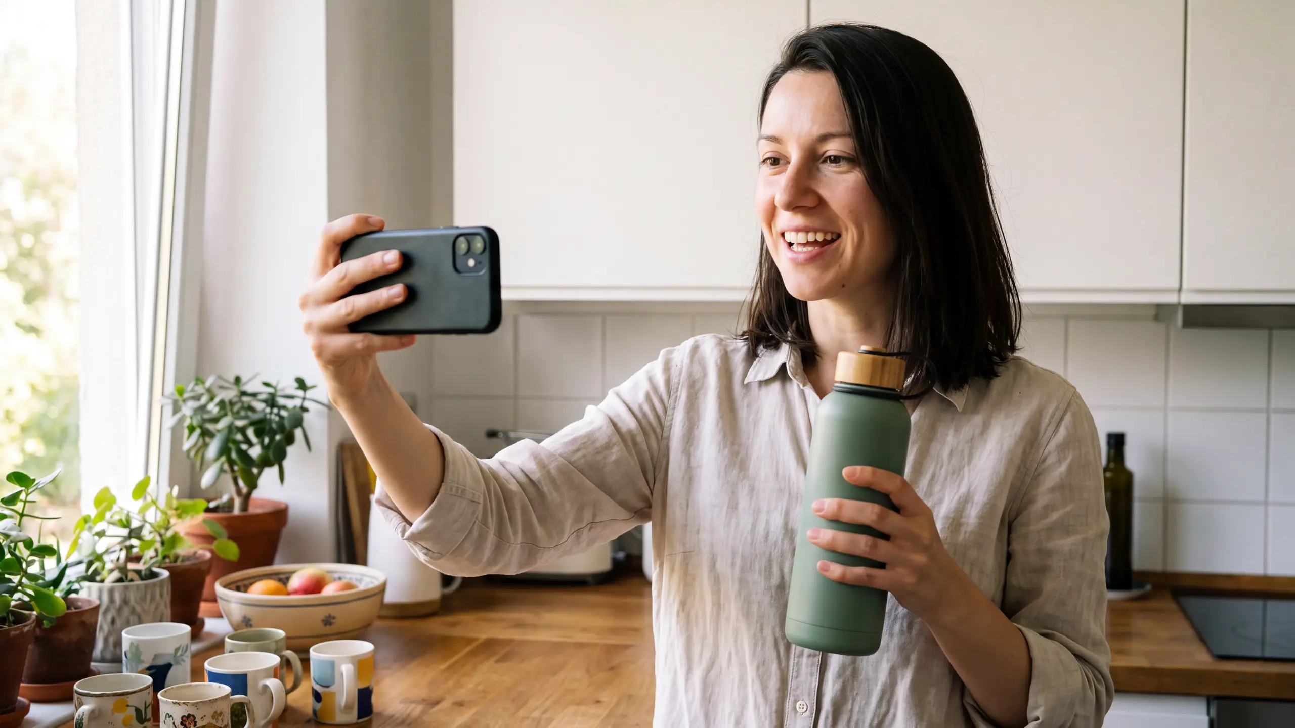 A woman in a linen shirt records a selfie video at a sunlit kitchen counter, holding her phone out in one hand and a sage-green water bottle in the other.