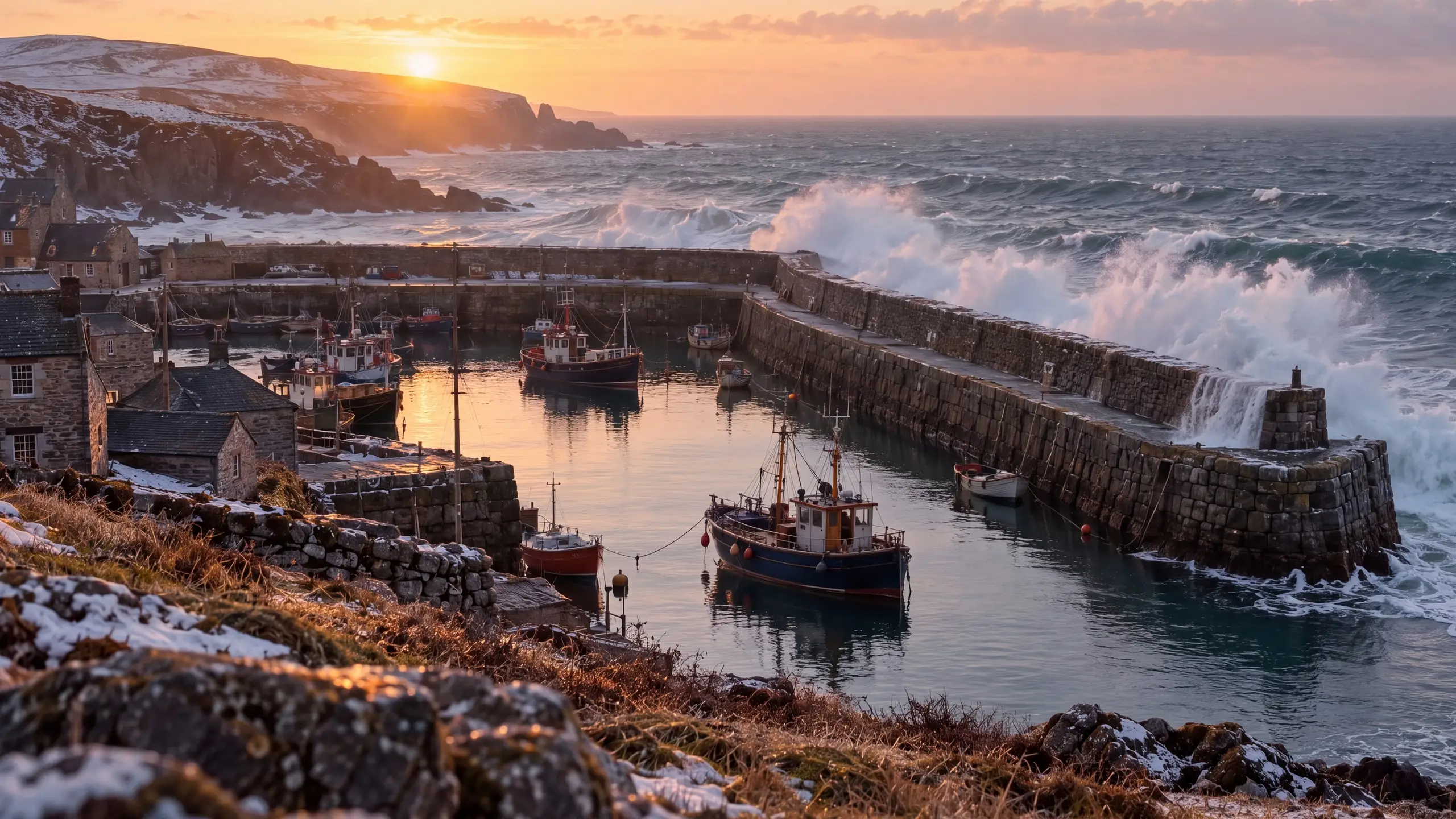 Winter waves break white against a stone breakwater at dawn while fishing boats rest on calm water in the harbor behind it.