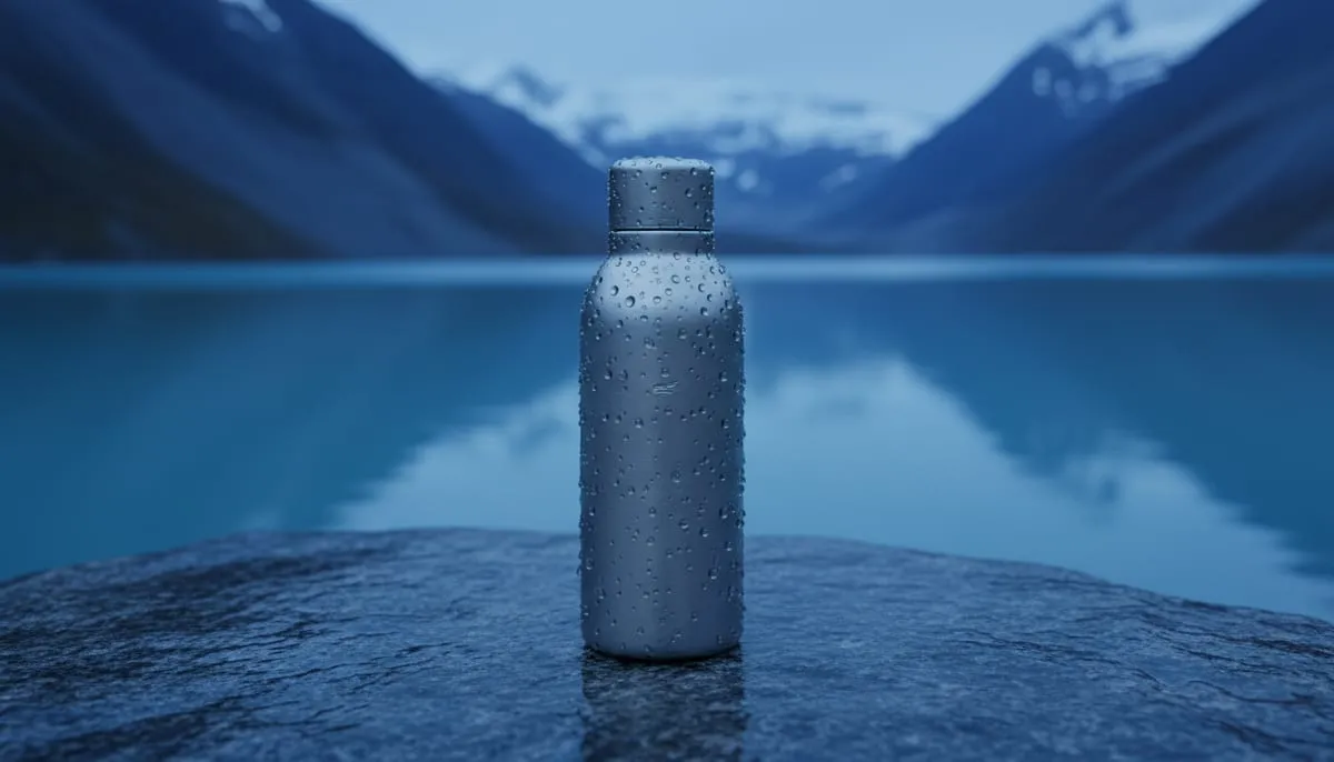 A titanium flask on wet granite by a glacial lake