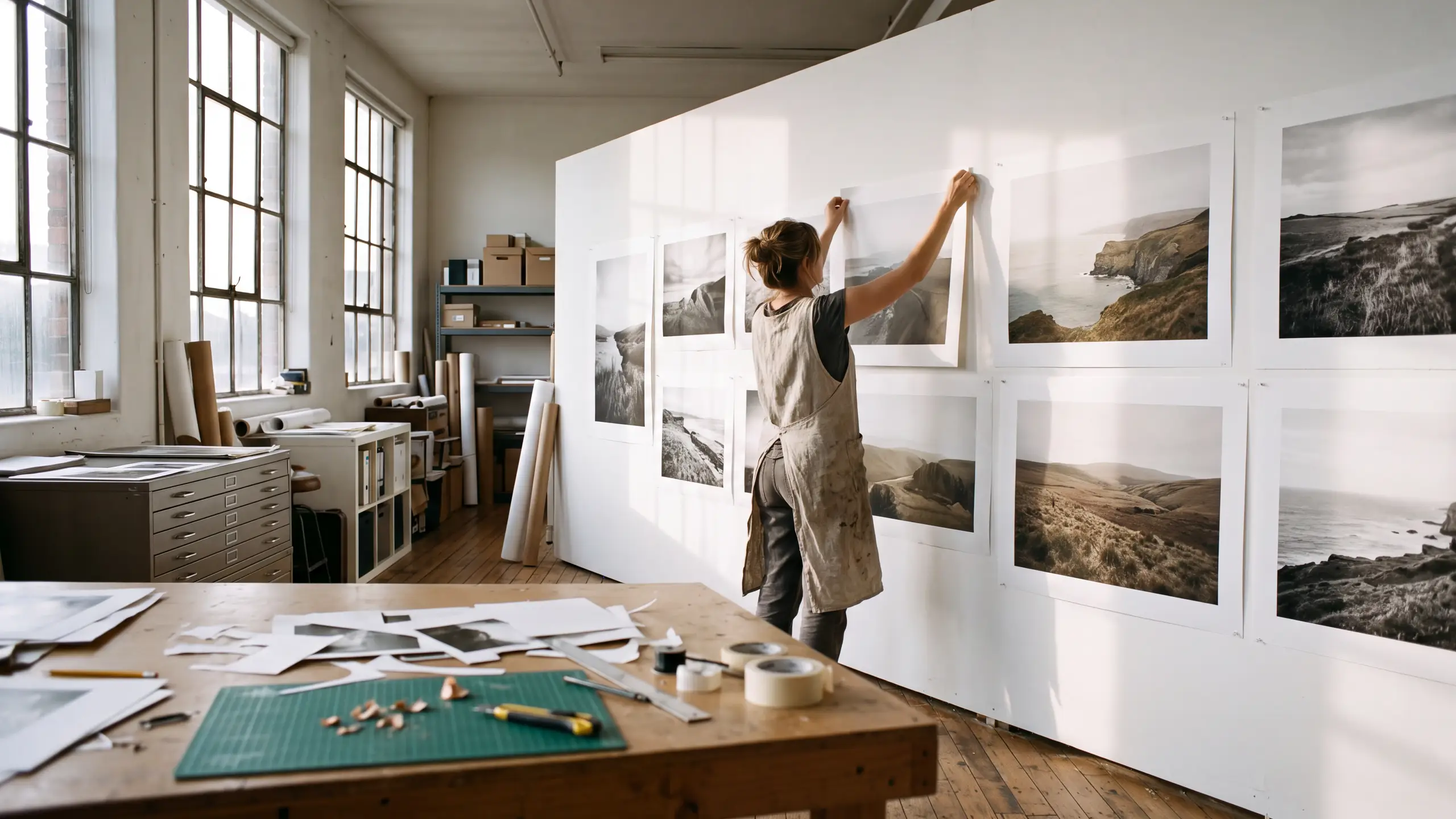 A woman in a linen apron pins large landscape prints to a long white wall in a bright print studio, seen from behind.