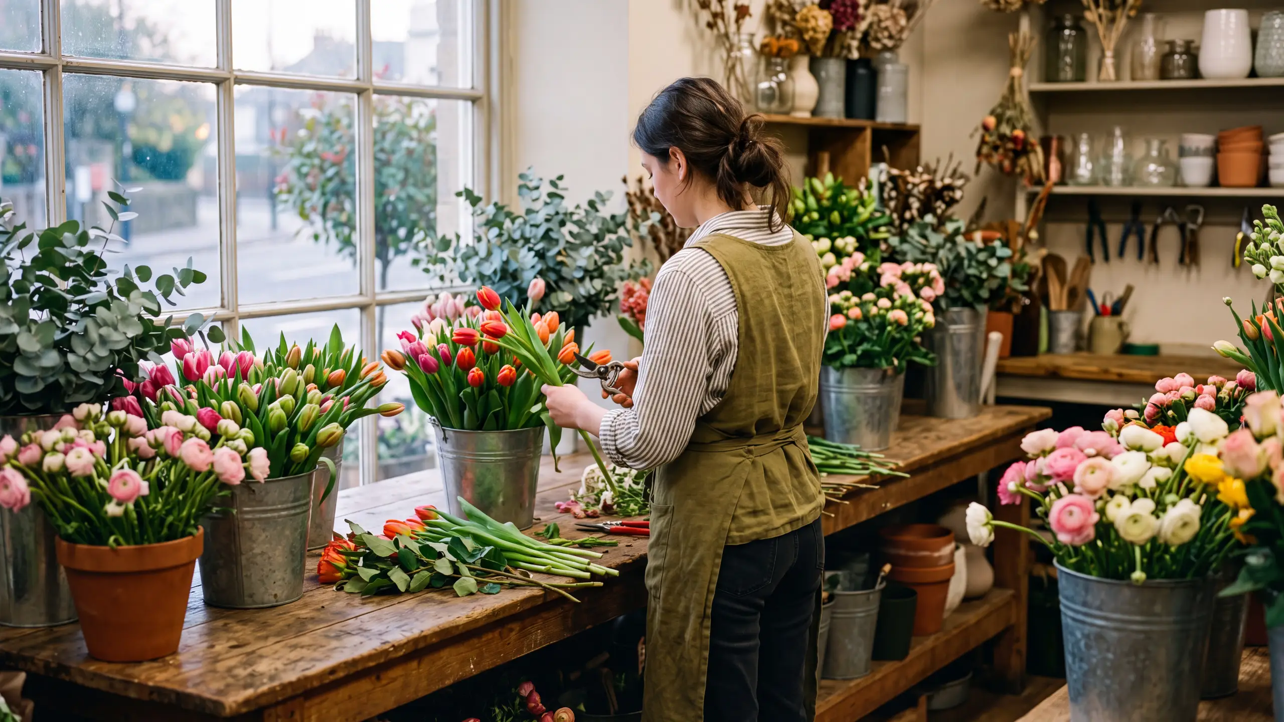 A florist seen from behind trims tulip stems at a long wooden workbench in a small flower shop, buckets of tulips, ranunculus and eucalyptus around her in soft morning light.