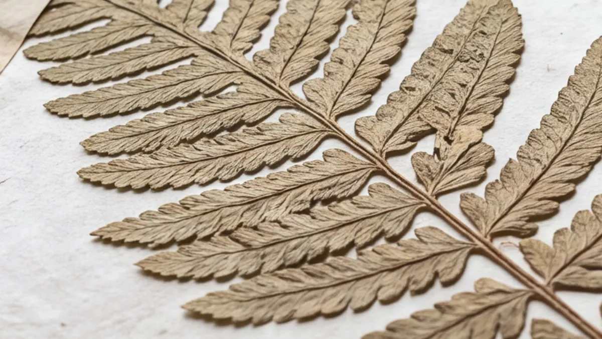 Part of a pressed fern frond taped to a notebook page, every leaflet, vein and fiber of the paper sharp