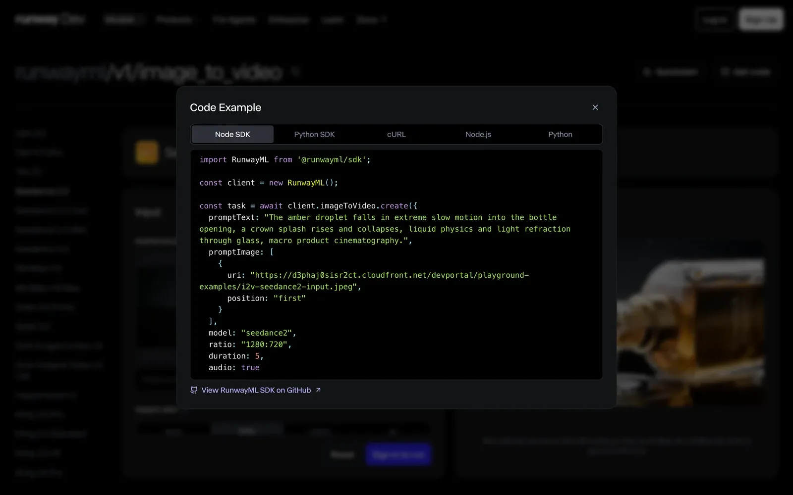 The playground Get code view, with the Seedance 2.0 request in Node SDK, Python SDK, cURL, Node.js and Python tabs