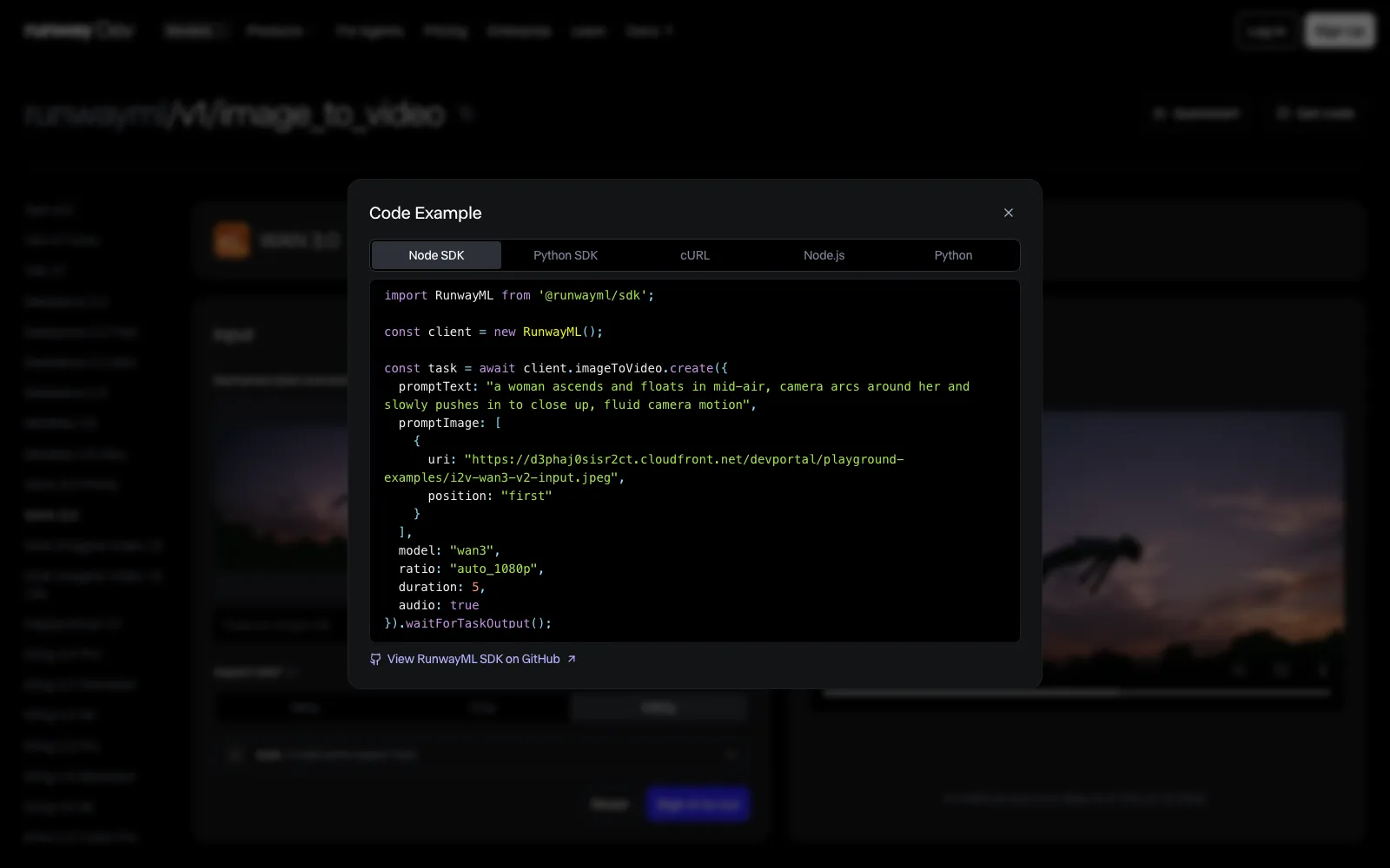 The playground Get code view, with the Wan 3.0 request in Node SDK, Python SDK, cURL, Node.js and Python tabs