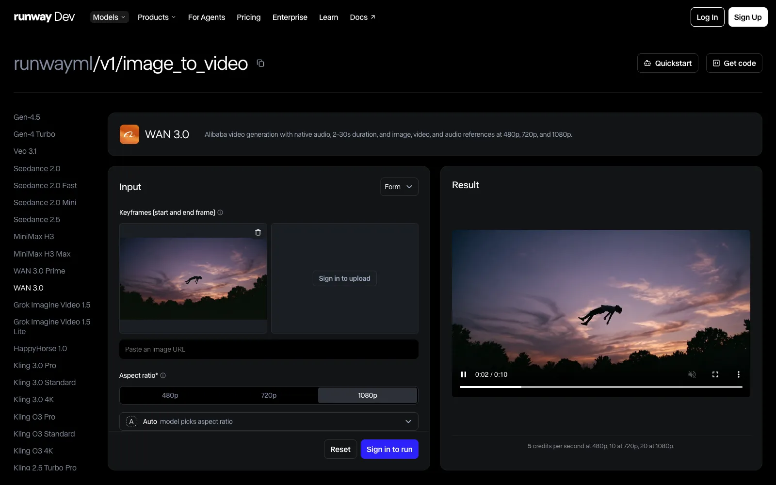 The Runway Dev playground with Wan 3.0 selected: the input form, a sample result and the price per second by resolution