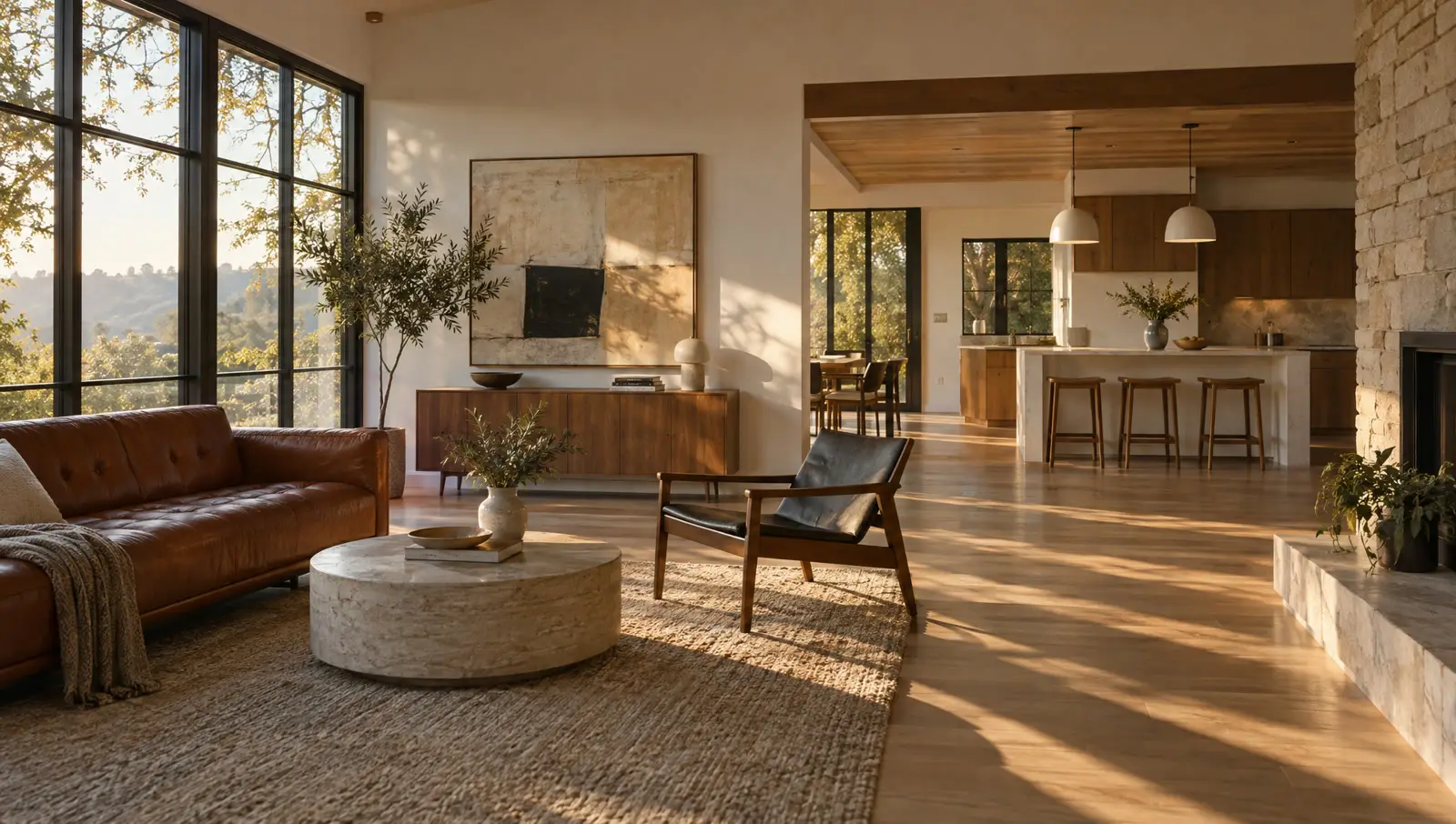 Late-afternoon sun crosses the white oak floor of a mid-century living room with a leather sofa and a stone fireplace, an open kitchen beyond.