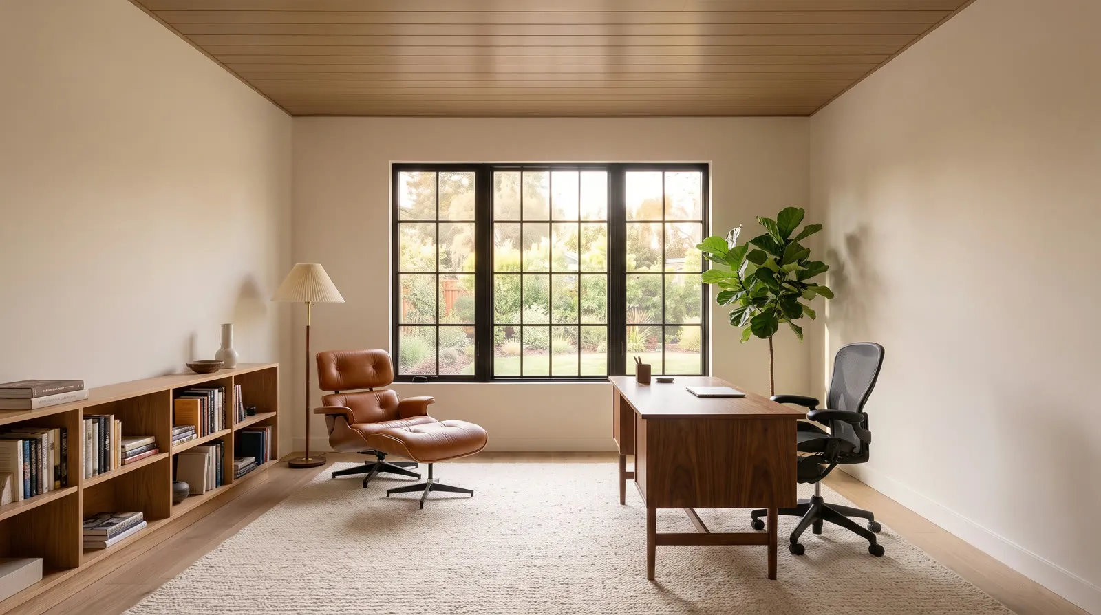 Virtually staged The same room furnished as a home office with a walnut desk, a leather lounge chair, an oak bookshelf, a rug and a fig tree