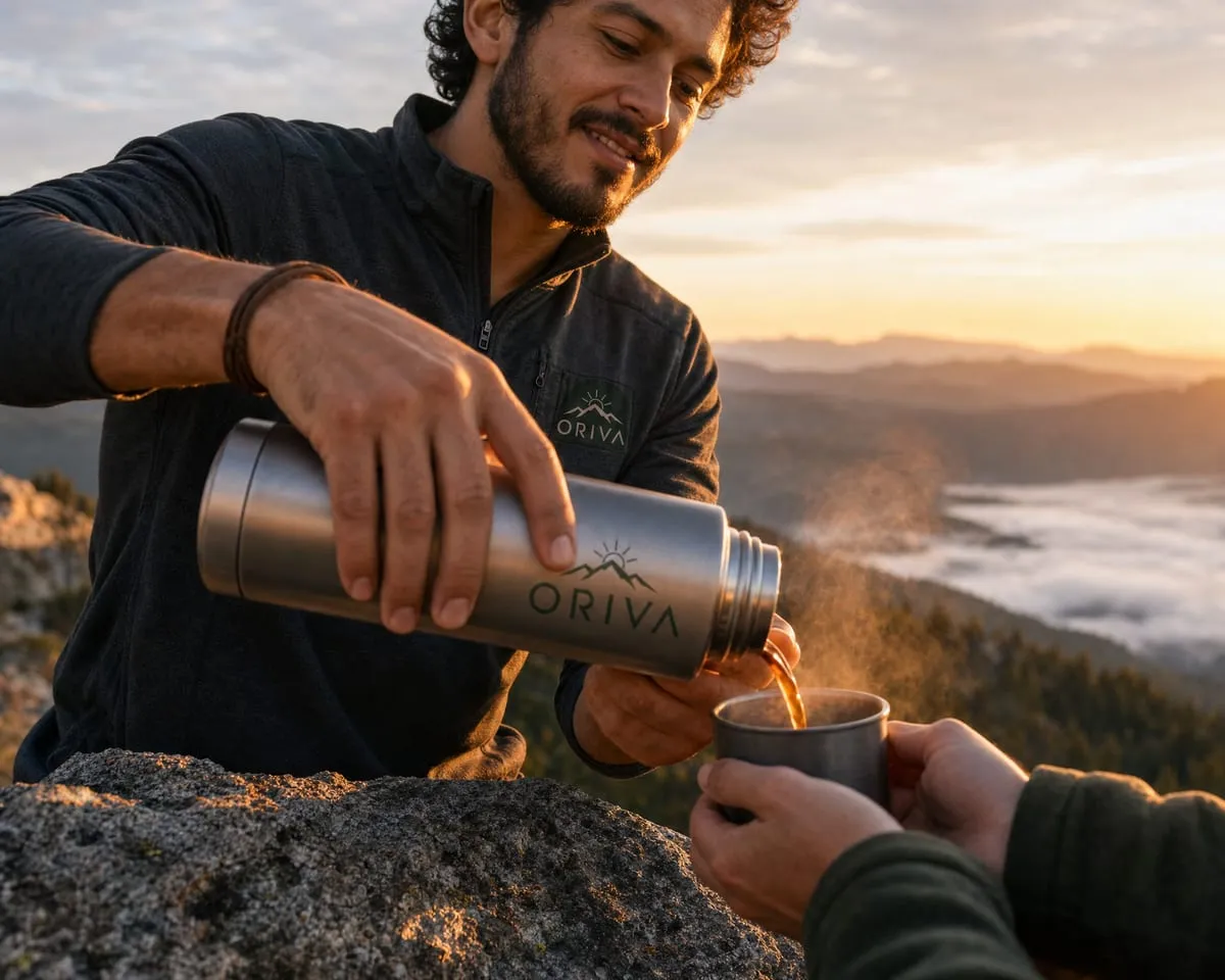 A hiker pouring coffee from an ORIVA flask into a cup at sunrise, the logo on the flask and his jacket