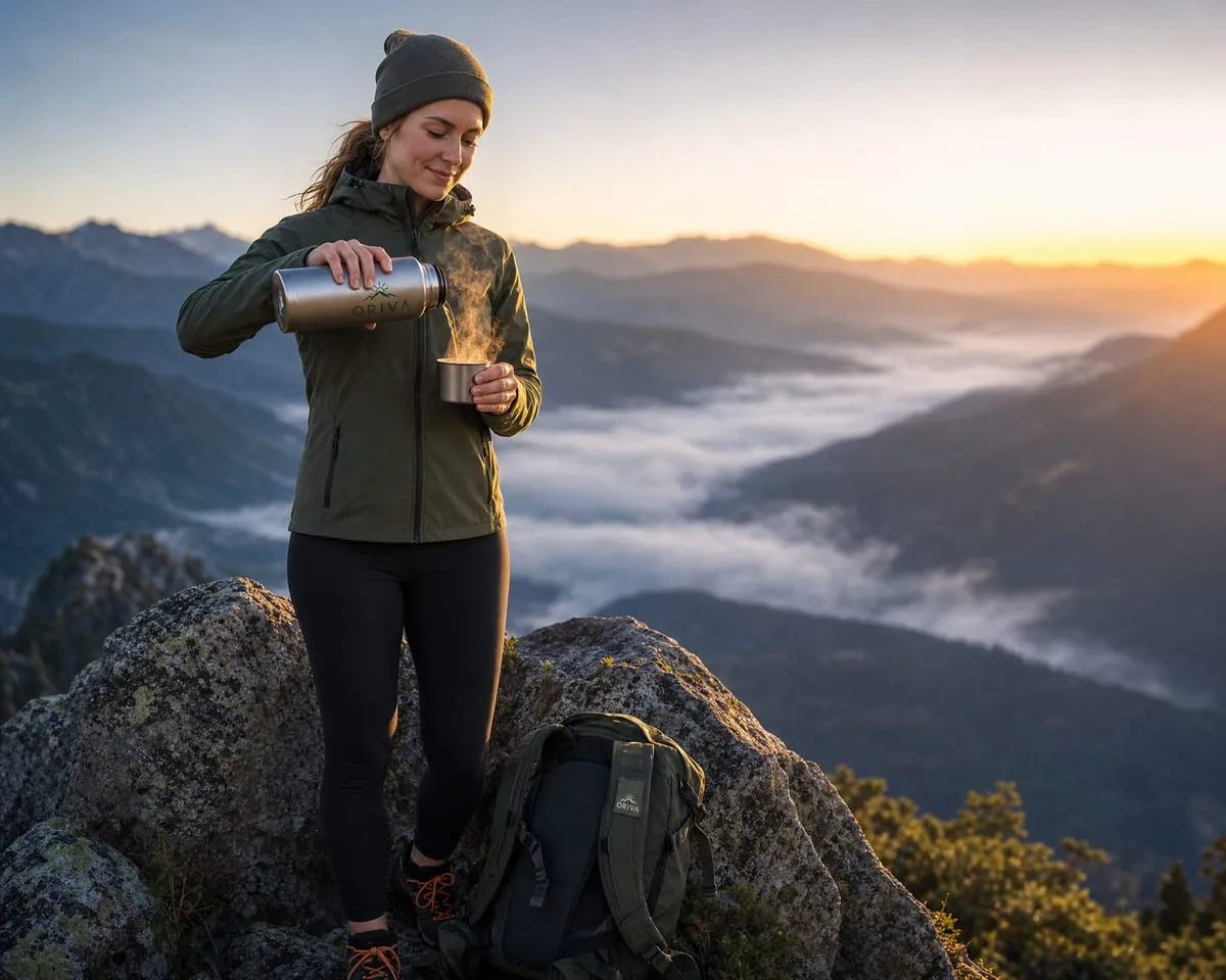 A hiker on a granite summit pouring steaming coffee from an ORIVA flask above a valley of mist, the logo on the flask and her backpack
