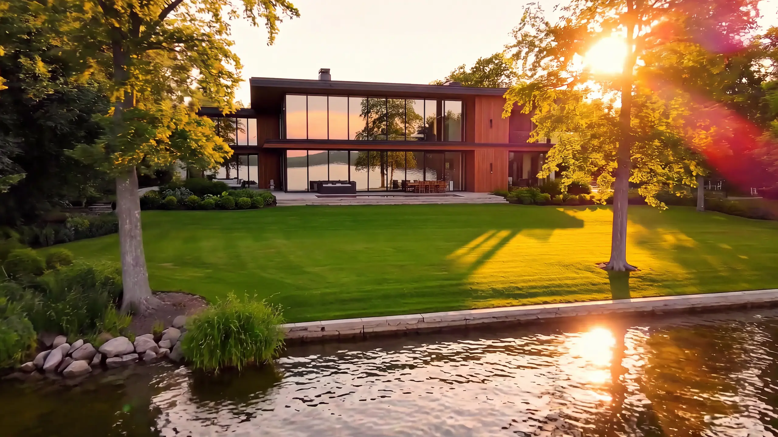A modern two-story house with floor-to-ceiling windows across a sunlit lawn at golden hour, trees casting long shadows toward the water.
